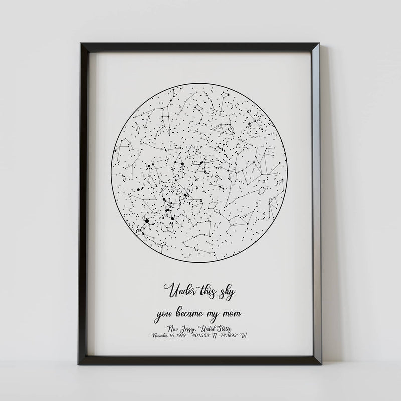 A framed constellation map poster, with a personalized quote "Under this sky you became my mom"