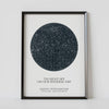A framed blue circle constellation map poster, with a personalized quote "The night sky on our wedding day"