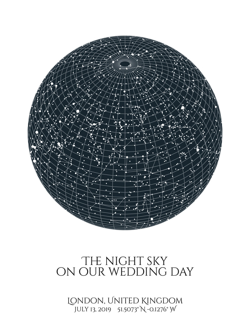 A detailed photo of a blue custom night sky by date poster, with the quote "The night sky on our wedding day"