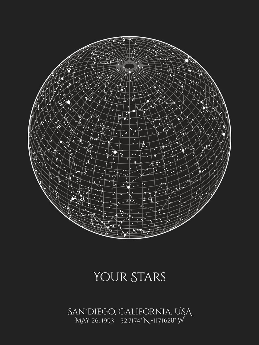 A detailed photo of a black circle custom night sky by date poster, with the quote "Your stars"