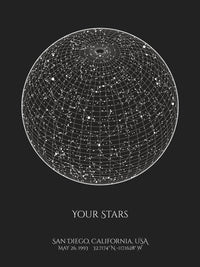 A detailed photo of a black circle custom night sky by date poster, with the quote "Your stars"