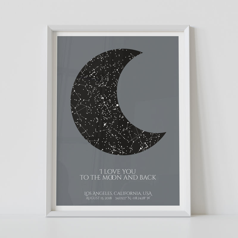 Framed star map poster, with a personalized quote "I love you to the moon and back"