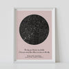A framed pimk constellation map poster, with a personalized quote