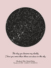 A detailed photo of a pink circle night sky by date poster, with a custom quote