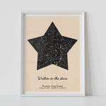 Framed beige constellation map poster, with a personalized quote "Written in the stars"