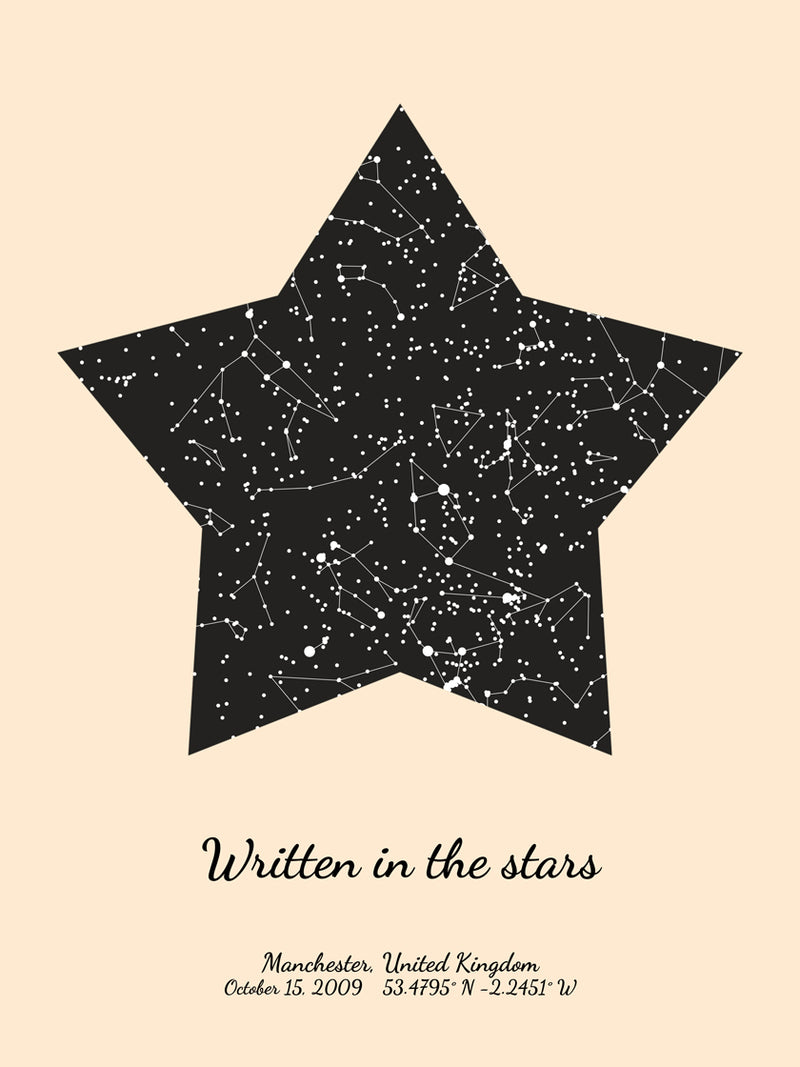 Beige star map by date poster, with a personalized quote "Written in the stars"