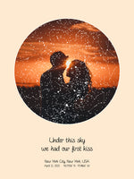 A detailed photo of a custom night sky by date poster, with the quote "Under this sky we had our first kiss"