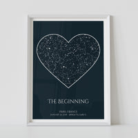 Framed dark blue constellation map poster, with a personalized quote "The beginning"