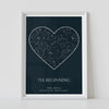 Framed dark blue constellation map poster, with a personalized quote "The beginning"