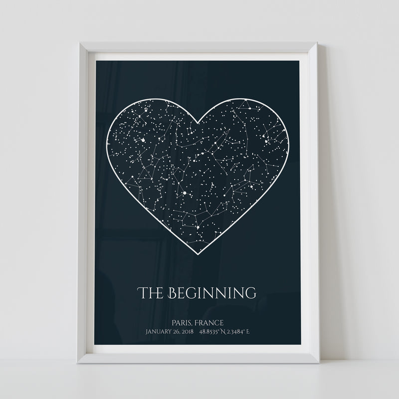 Framed dark blue constellation map poster, with a personalized quote "The beginning"