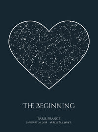 Dark blue night sky star map poster, with a personalized quote "The beginning"