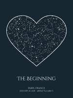 Dark blue night sky star map poster, with a personalized quote "The beginning"