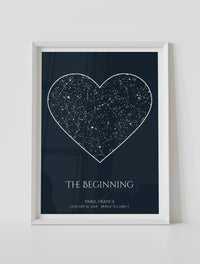 Framed star map poster, with a personalized quote "The beginning"