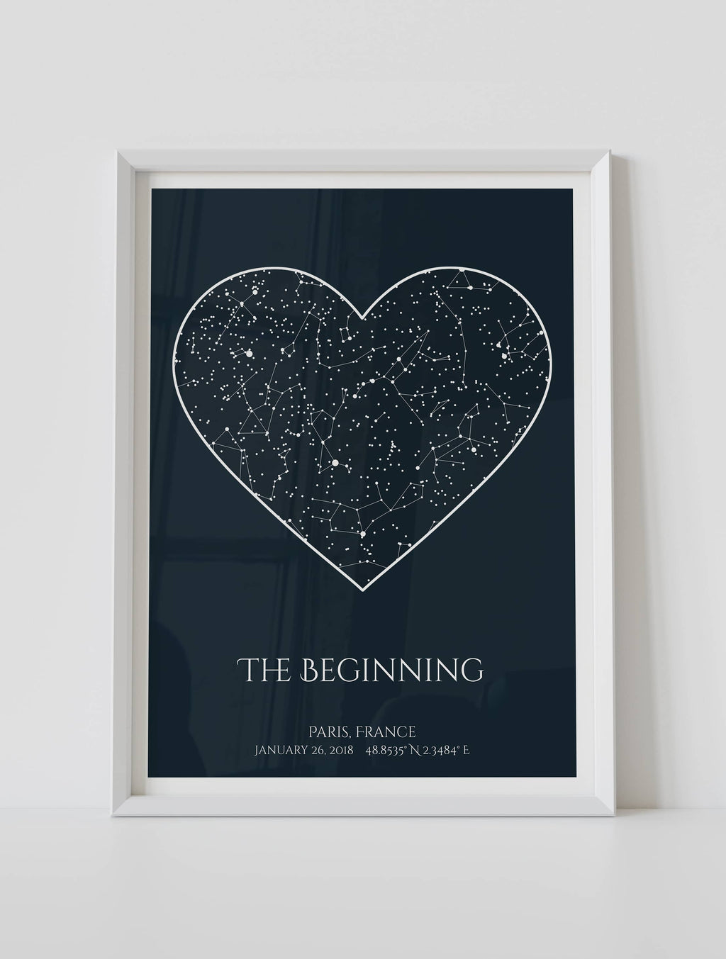 Framed star map poster, with a personalized quote "The beginning"