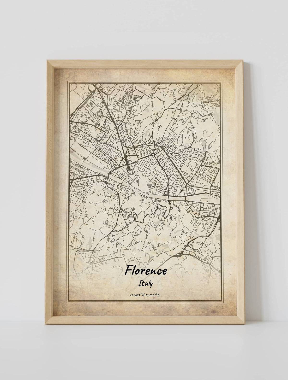 Map of Florence, Italy, featuring an aged, vintage look