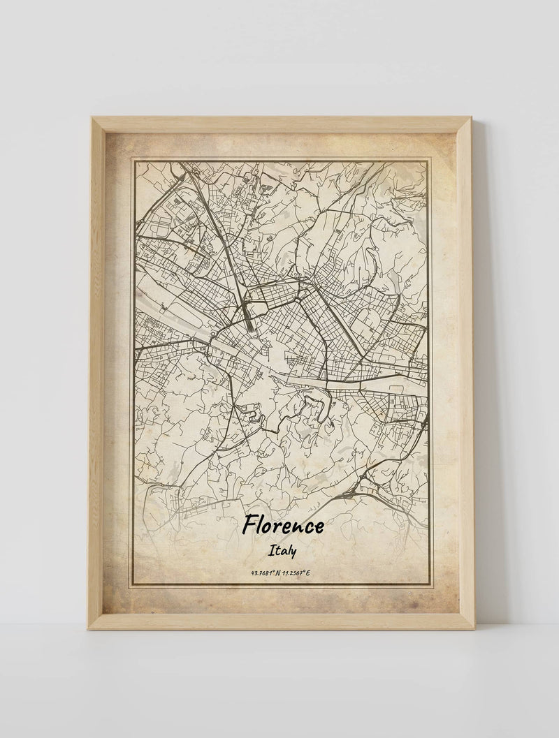 Map of Florence, Italy, featuring an aged, vintage look