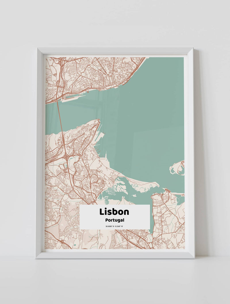 Custom framed city map poster of lisbon portugal artmementos
