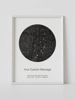 A framed circle star map poster featuring a specific date and location, with a personalized quote
