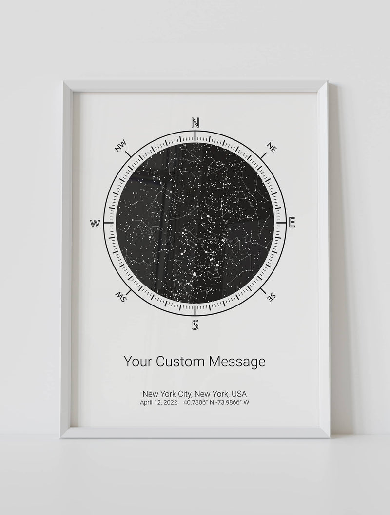 A framed compass star map poster featuring a specific date and location, with a personalized quote