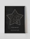 A framed custom star map poster featuring a specific date and location, customized with the quote "A star was born"