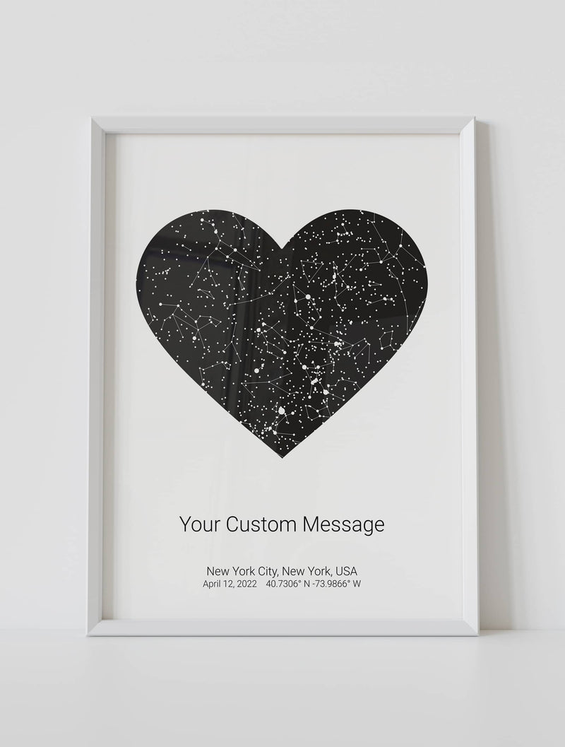 A framed heart star map poster featuring a specific date and location, with a personalized quote