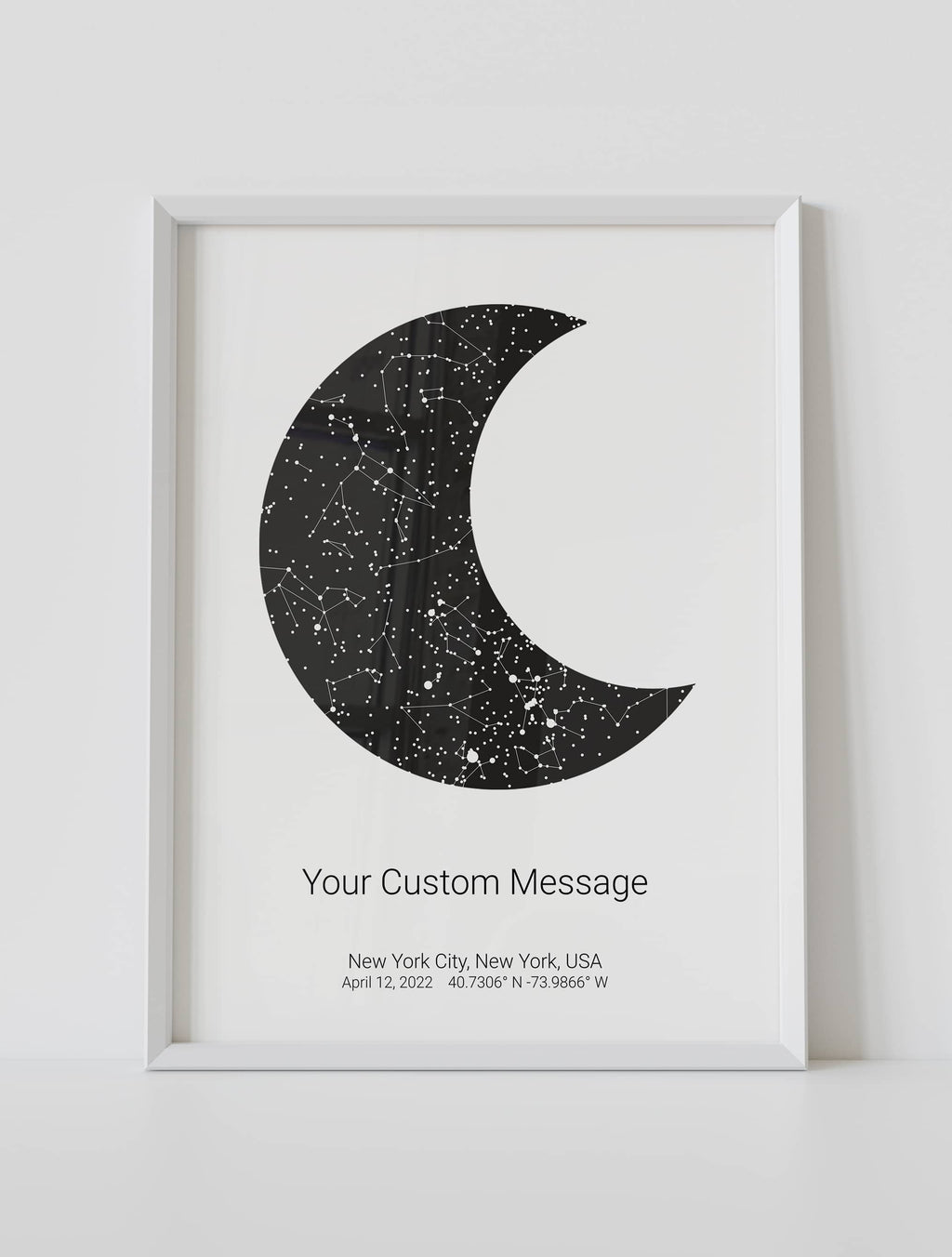 A framed moon star map poster featuring a specific date and location, with a personalized quote