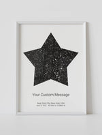 A framed star map poster featuring a specific date and location, with a custom quote