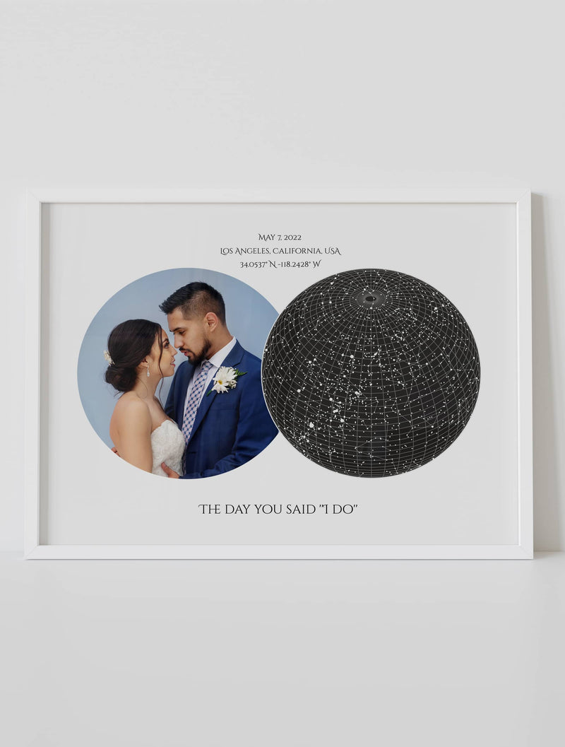 A framed custom star map poster featuring a specific date and location personalized with a photo