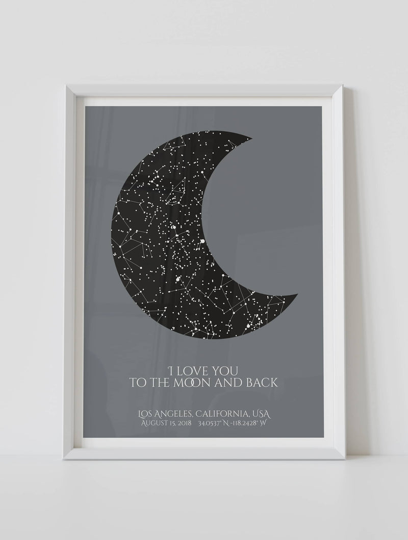 Framed night sky map poster, with a personalized quote "I love you to the moon and back"