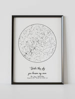 A framed custom star map poster featuring a specific date and location, customized with the quote "Under this sky you became my mom"