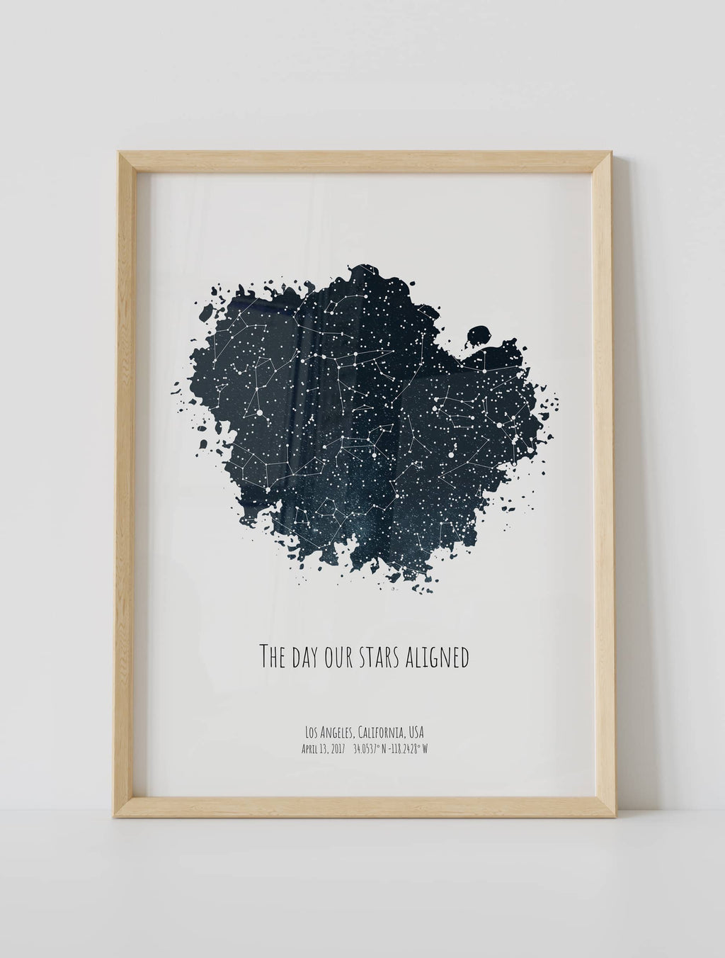 A framed star map poster featuring a specific date and location, customized with the quote "The day our stars aligned"