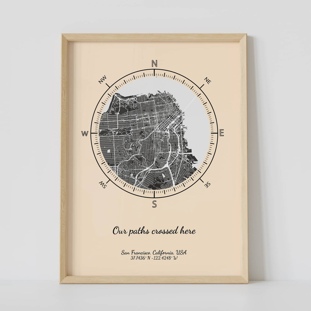 beige custom compass star map framed poster 