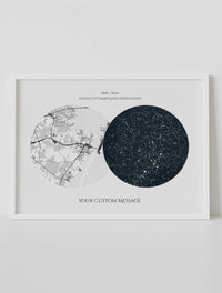 A framed star map poster featuring a specific date and location, with a personalized quote