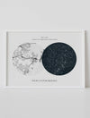 A framed star map poster featuring a specific date and location, with a personalized quote