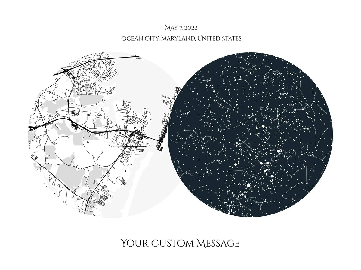 A detailed photo of a custom night sky by date poster, with a custom quote and location map