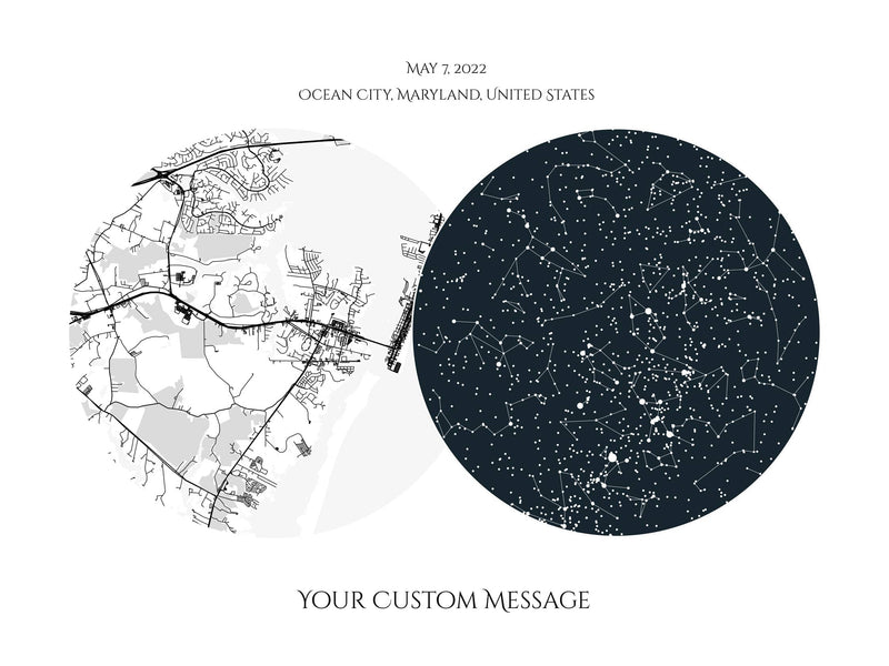 A detailed photo of a custom night sky by date poster, with a custom quote and location map