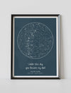 A framed custom star map poster featuring a specific date and location, customized with the quote "Under this sky you became my dad"