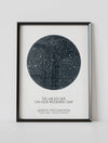 A framed custom star map poster featuring a specific date and location, customized with the quote "The night sky on our wedding day"