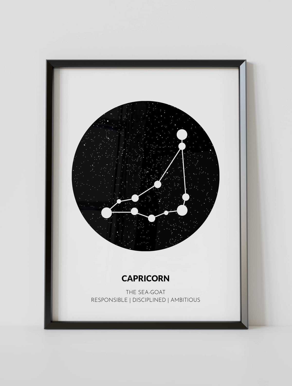 A poster featuring an illustration of a goat, the symbol of the Capricorn zodiac sign.
