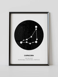A poster featuring an illustration of a goat, the symbol of the Capricorn zodiac sign.
