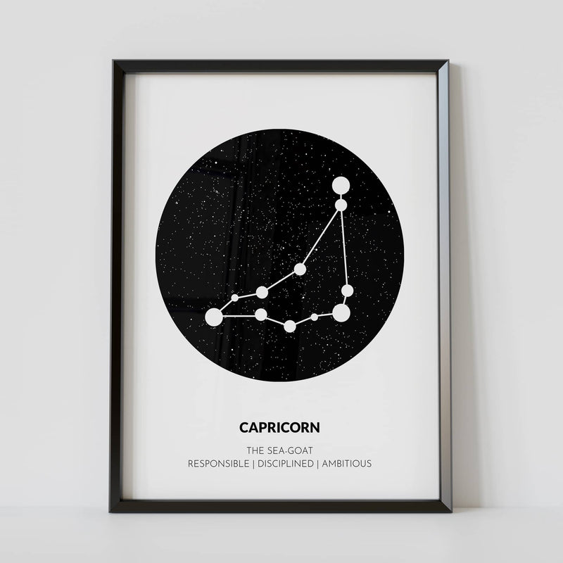  A Capricorn themed poster with a goat illustration, perfect for decorating a home or office.