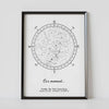 A framed white compass constellation map poster, with a personalized quote "Our moment"