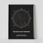 A framed black compass constellation map poster, with a personalized quote "The day we got engaged"