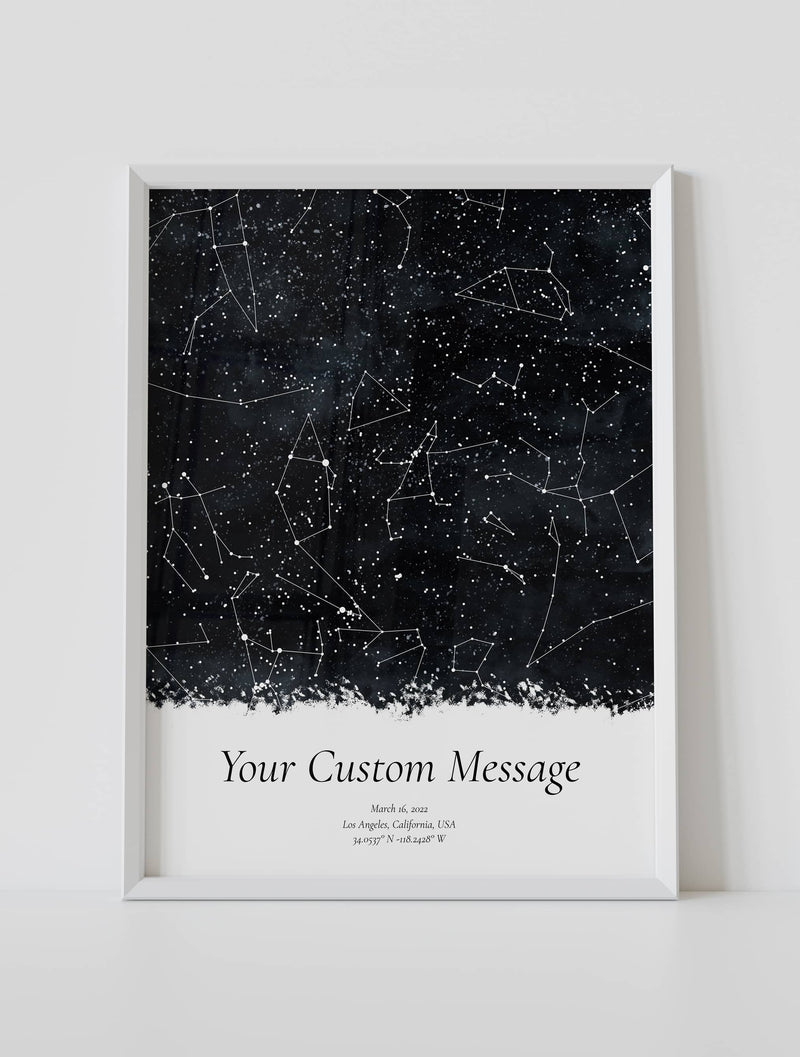 A framed full star map poster featuring a specific date and location, with a personalized quote