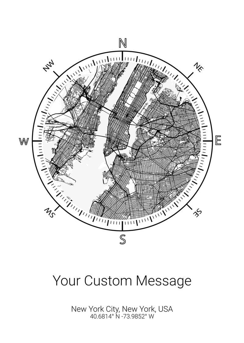 Detailed An eye-catching poster showing a detailed compass location map with a custom design.