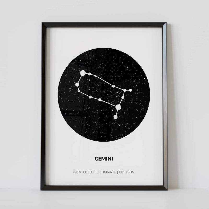 Gemini zodiac poster framed white and black