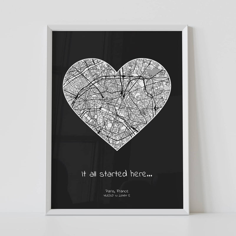 it all started here framed custom location map poster by artmementos