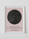 A framed pink circle custom star map poster featuring a specific date and location