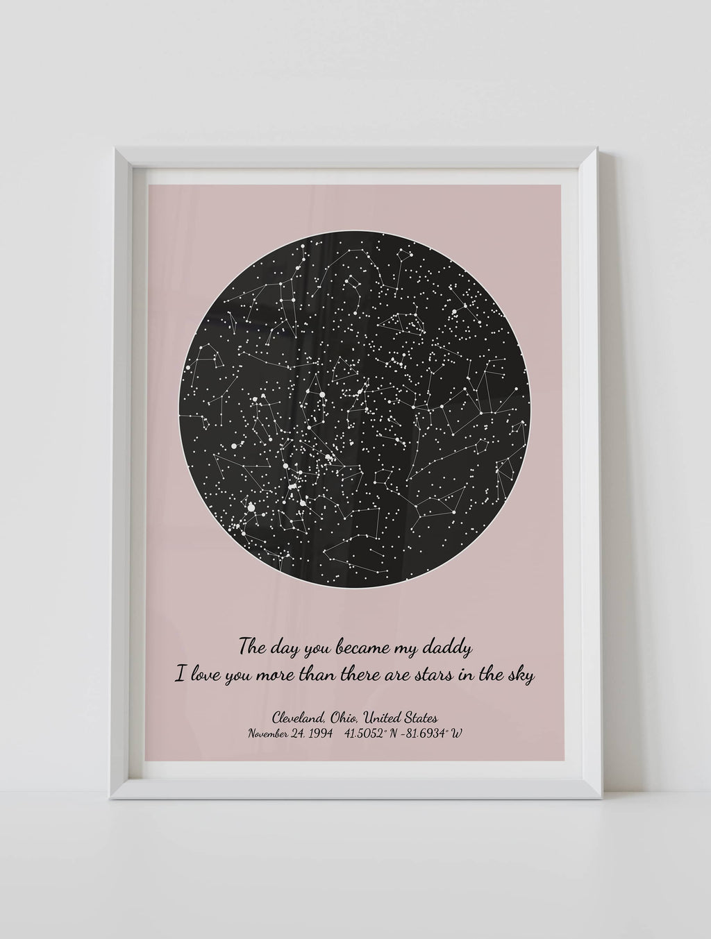 A framed pink circle custom star map poster featuring a specific date and location