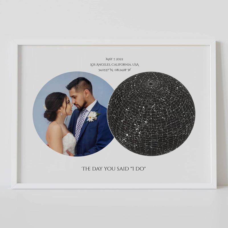 A framed constellation map poster, personalized with a photo